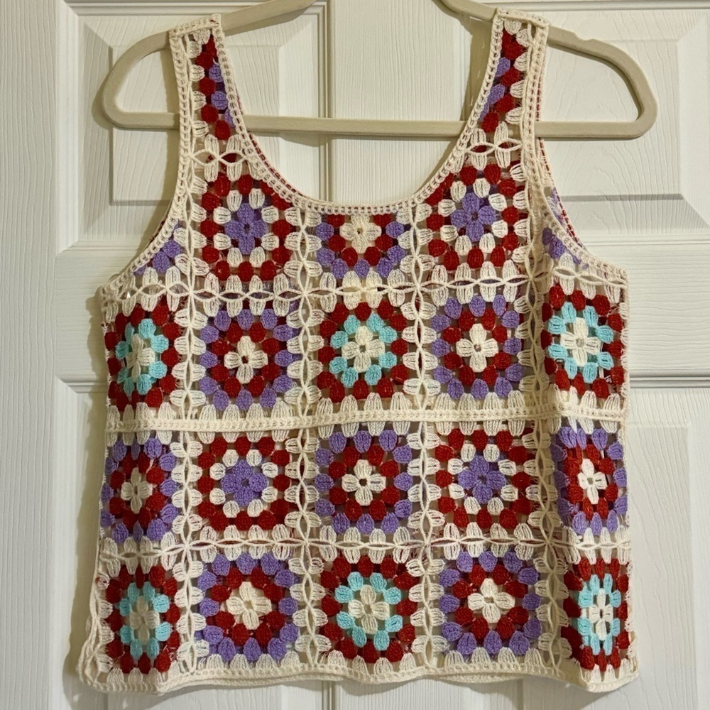 Adiva New Size M 70s Inspired Crochet‎ Granny Square Boho Sleeveless Top